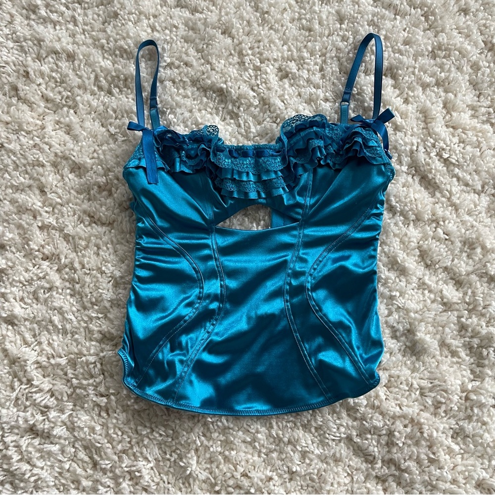 victoria’s secret bustier-shiny satin turquoise aqua blue ruffle lace vintage